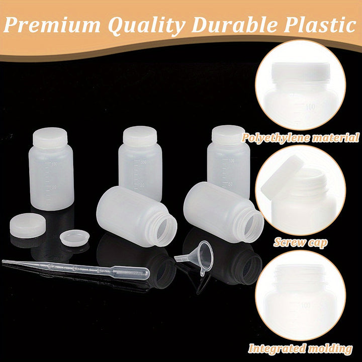 35pcs/set 100ml Plastic Wide Mouth Bottles With Caps, Graduated Lab Sample Containers, Clear Reusable Reagent Bottles, Ideal For Laboratory & School Projects, Includes Labels And Funnels