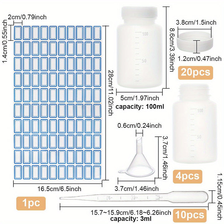 35pcs/set 100ml Plastic Wide Mouth Bottles With Caps, Graduated Lab Sample Containers, Clear Reusable Reagent Bottles, Ideal For Laboratory & School Projects, Includes Labels And Funnels