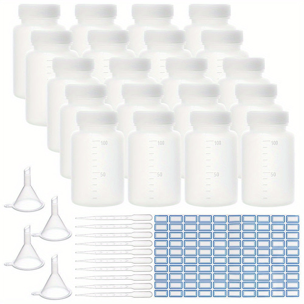 35pcs/set 100ml Plastic Wide Mouth Bottles With Caps, Graduated Lab Sample Containers, Clear Reusable Reagent Bottles, Ideal For Laboratory & School Projects, Includes Labels And Funnels