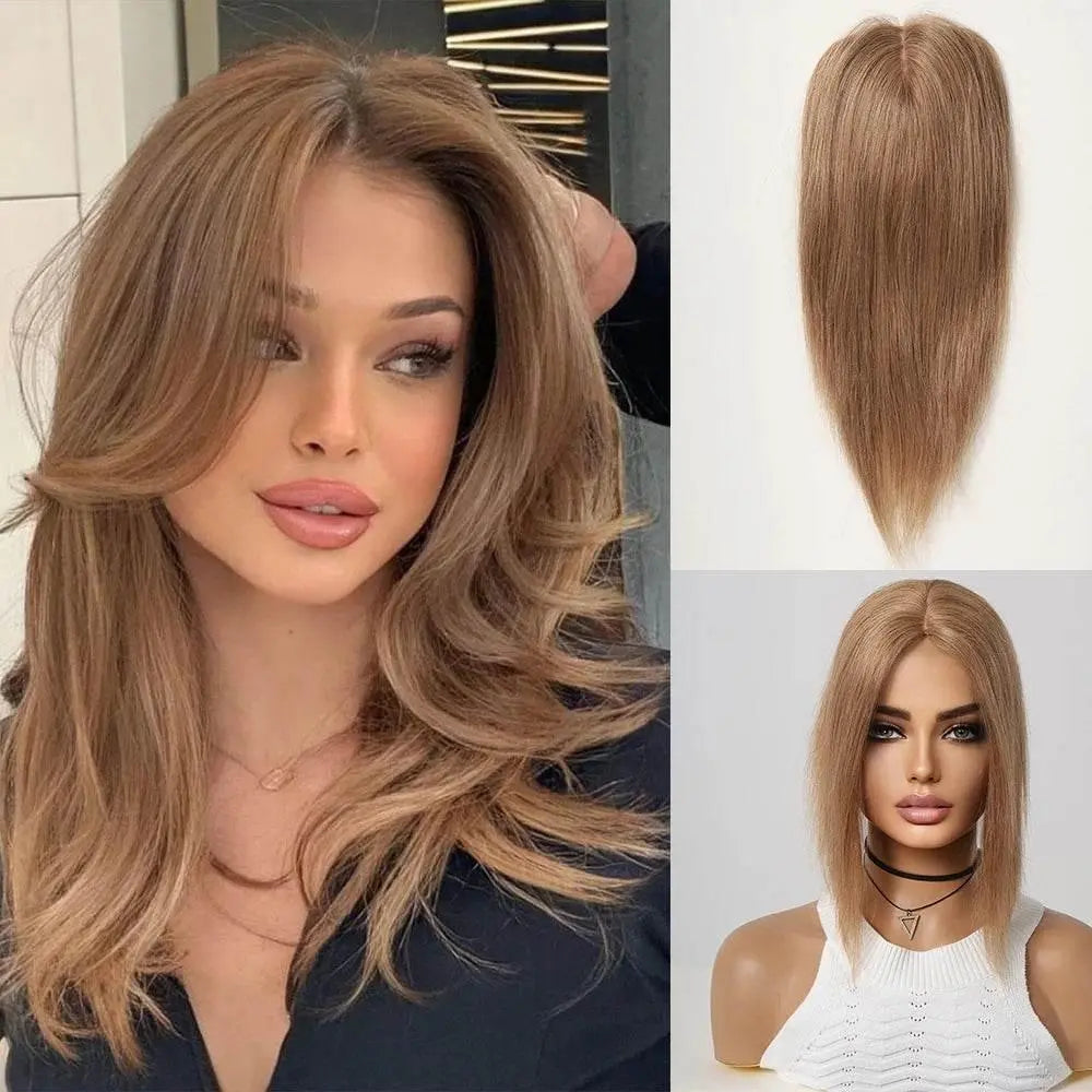Blonde Piano Human Hair Toppers Silk Base Remy Human Hairpieces 12inch Clips in Straight Human Hair Extensions for White Women - ACHETE LTD