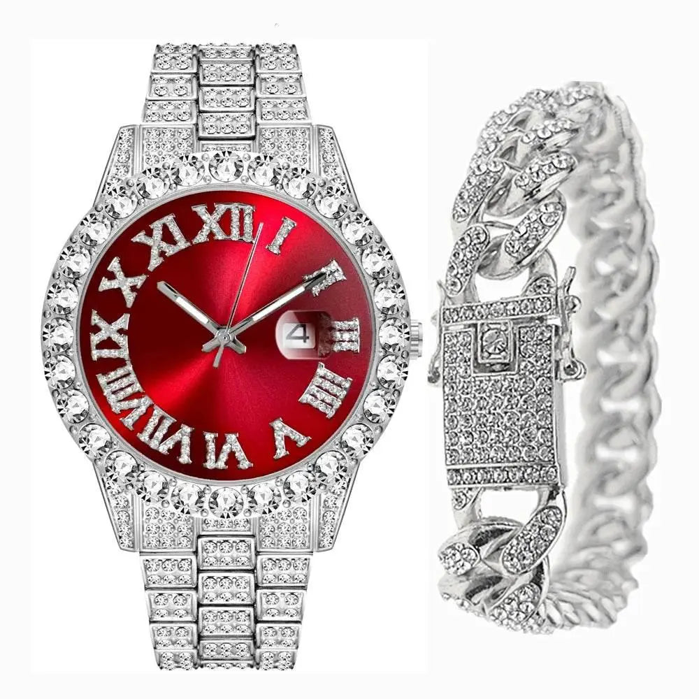 Full Iced Out Watch for Men Bling Miami Cuban Chain Bracelet with Watch Men Hip Hop Watch Luxury Gold Watch Women Reloj Hombre - ACHETE LTD