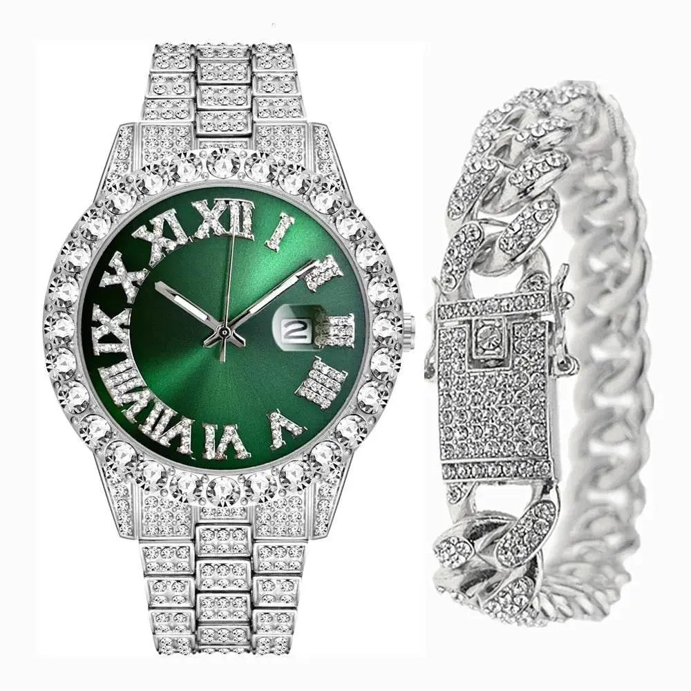 Full Iced Out Watch for Men Bling Miami Cuban Chain Bracelet with Watch Men Hip Hop Watch Luxury Gold Watch Women Reloj Hombre - ACHETE LTD
