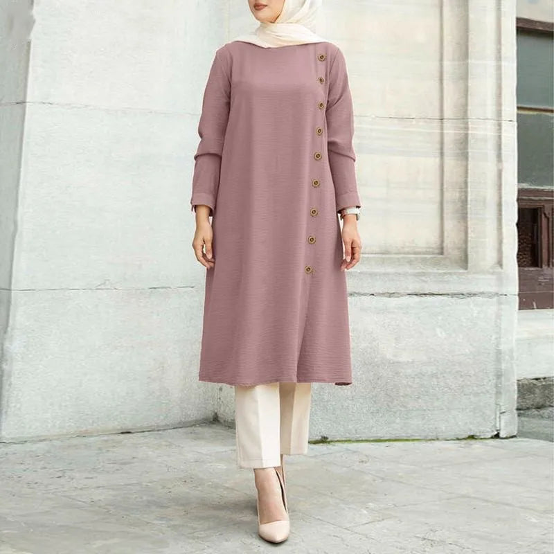 Muslim Women's Top Dress Mubarak Abaya Eid Ramadan Plain Long Sleeve Dress Malaysia Lady Button Decoration Casual Ropa Islam