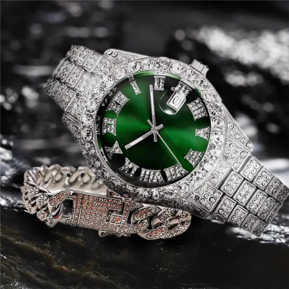 Full Iced Out Watch for Men Bling Miami Cuban Chain Bracelet with Watch Men Hip Hop Watch Luxury Gold Watch Women Reloj Hombre - ACHETE LTD