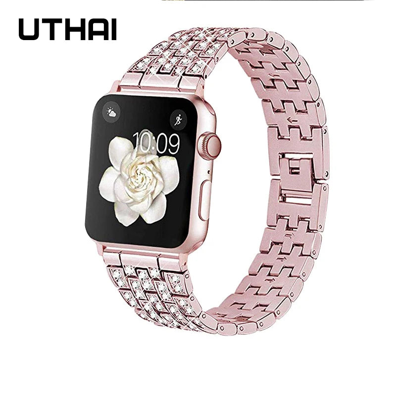 Stainless Steel Diamond Smart Watch Band - UTHAI P70 Series 7 for Apple Watch