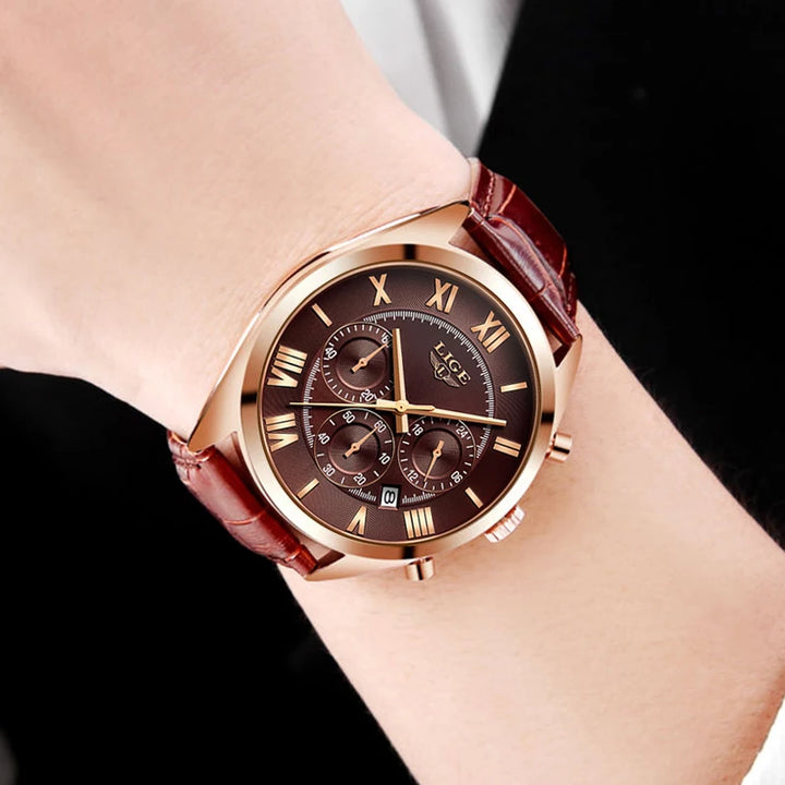 2023 LIGE Men's Luxury Waterproof Date Watch - Brown Leather Sports Wristwatch