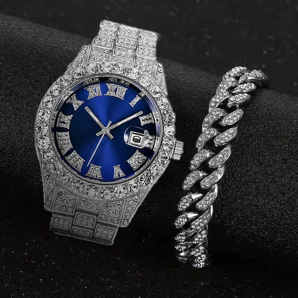 Full Iced Out Watch for Men Bling Miami Cuban Chain Bracelet with Watch Men Hip Hop Watch Luxury Gold Watch Women Reloj Hombre - ACHETE LTD