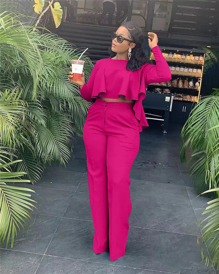 Elegant Work Wear Two Piece Set Fall Clothes for Women Ruffles Crop Top and Wide Leg Pants Suits Matching Sets Sexy Club Outfits