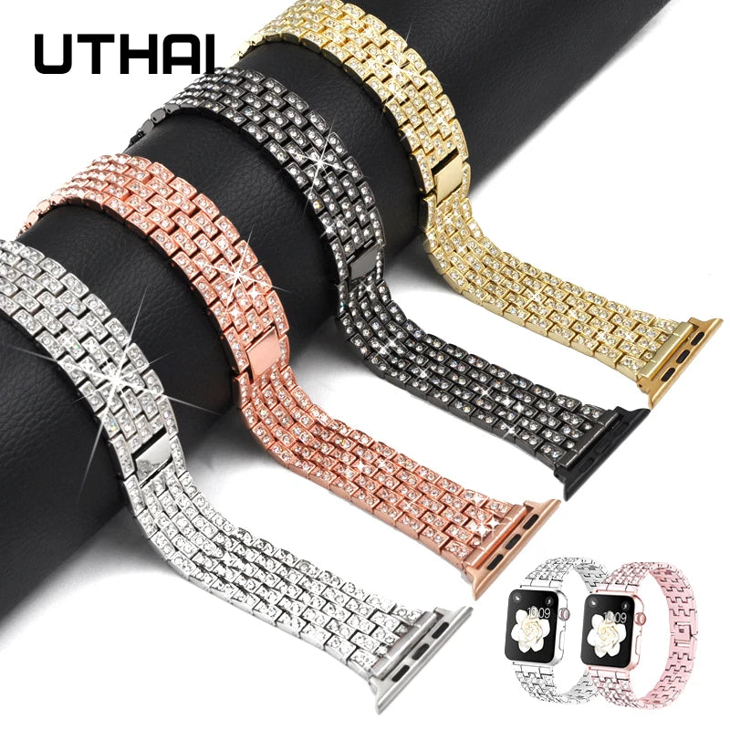 Stainless Steel Diamond Smart Watch Band - UTHAI P70 Series 7 for Apple Watch