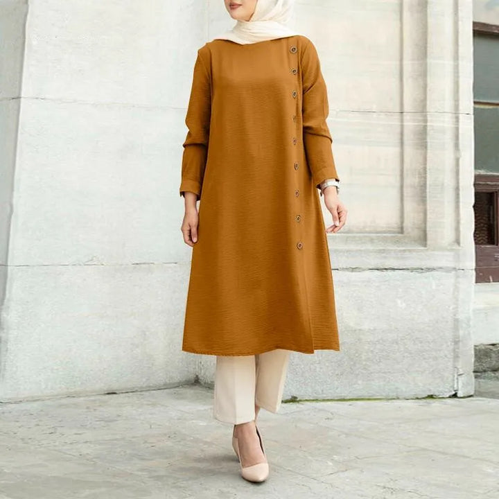 Muslim Women's Top Dress Mubarak Abaya Eid Ramadan Plain Long Sleeve Dress Malaysia Lady Button Decoration Casual Ropa Islam