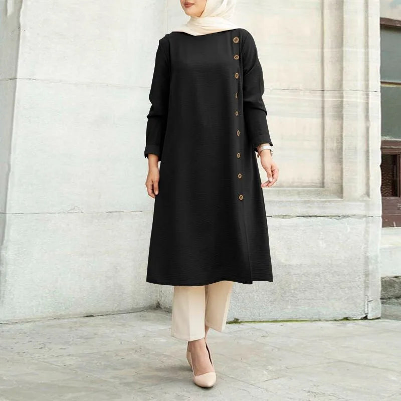 Muslim Women's Top Dress Mubarak Abaya Eid Ramadan Plain Long Sleeve Dress Malaysia Lady Button Decoration Casual Ropa Islam