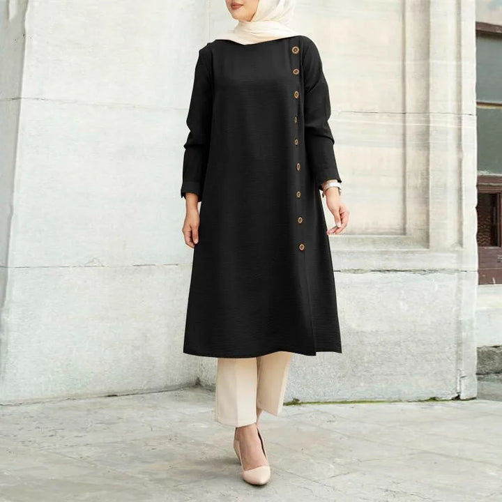 Muslim Women's Top Dress Mubarak Abaya Eid Ramadan Plain Long Sleeve Dress Malaysia Lady Button Decoration Casual Ropa Islam