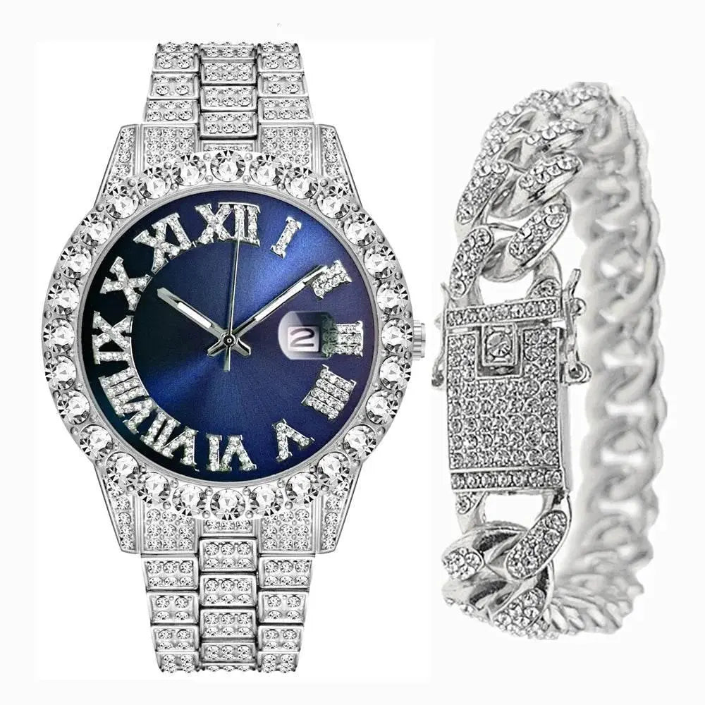 Full Iced Out Watch for Men Bling Miami Cuban Chain Bracelet with Watch Men Hip Hop Watch Luxury Gold Watch Women Reloj Hombre - ACHETE LTD