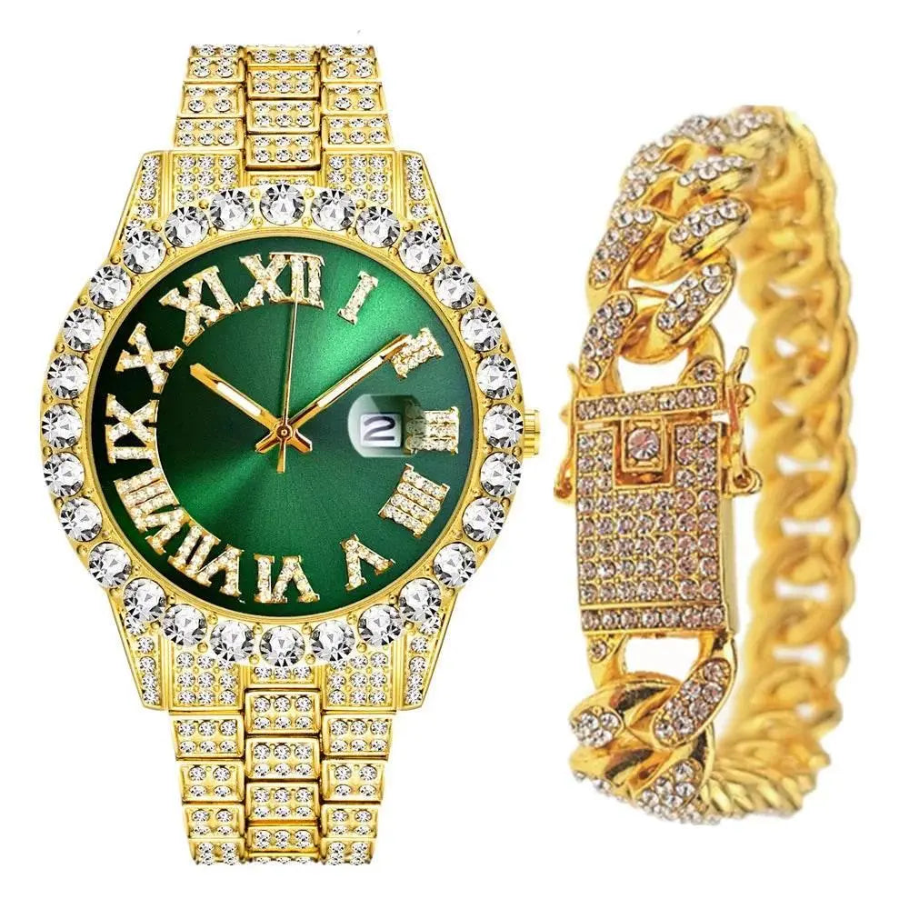 Full Iced Out Watch for Men Bling Miami Cuban Chain Bracelet with Watch Men Hip Hop Watch Luxury Gold Watch Women Reloj Hombre - ACHETE LTD