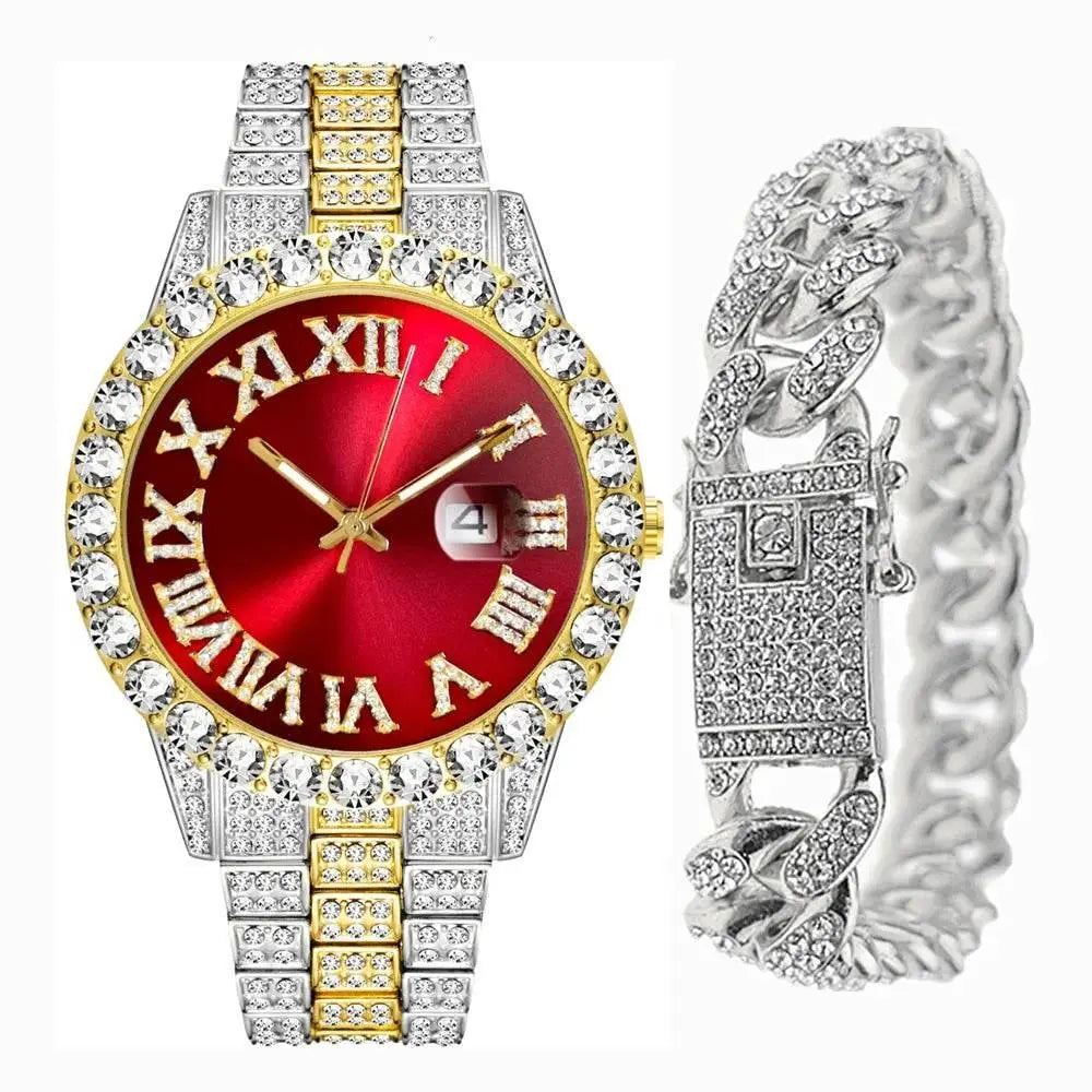 Full Iced Out Watch for Men Bling Miami Cuban Chain Bracelet with Watch Men Hip Hop Watch Luxury Gold Watch Women Reloj Hombre - ACHETE LTD