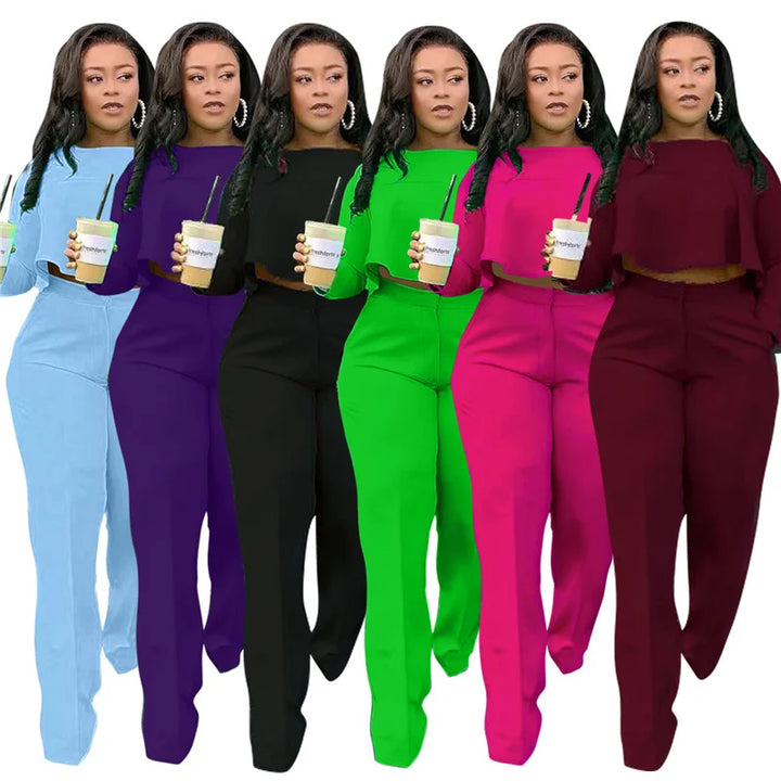 Elegant Work Wear Two Piece Set Fall Clothes for Women Ruffles Crop Top and Wide Leg Pants Suits Matching Sets Sexy Club Outfits