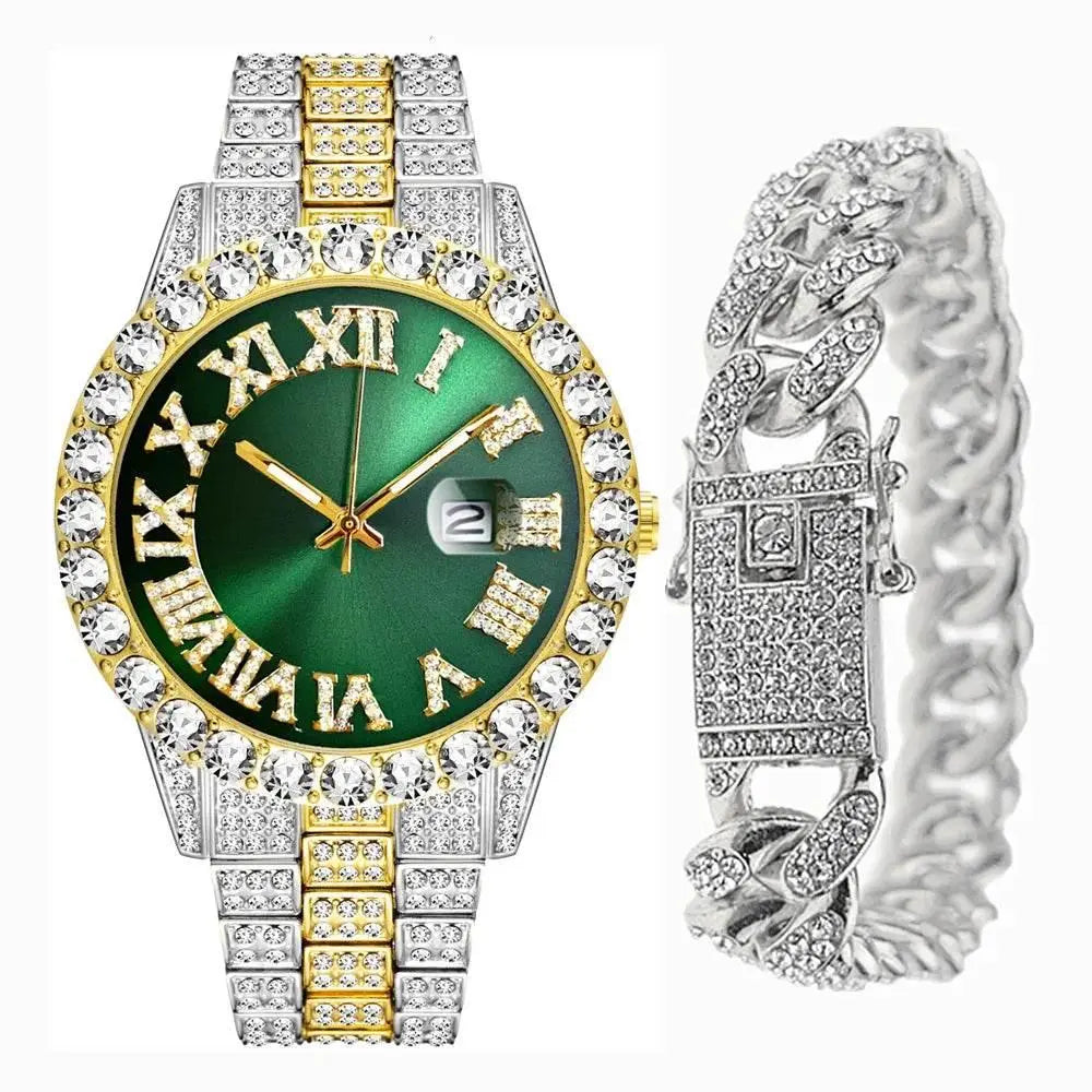 Full Iced Out Watch for Men Bling Miami Cuban Chain Bracelet with Watch Men Hip Hop Watch Luxury Gold Watch Women Reloj Hombre - ACHETE LTD