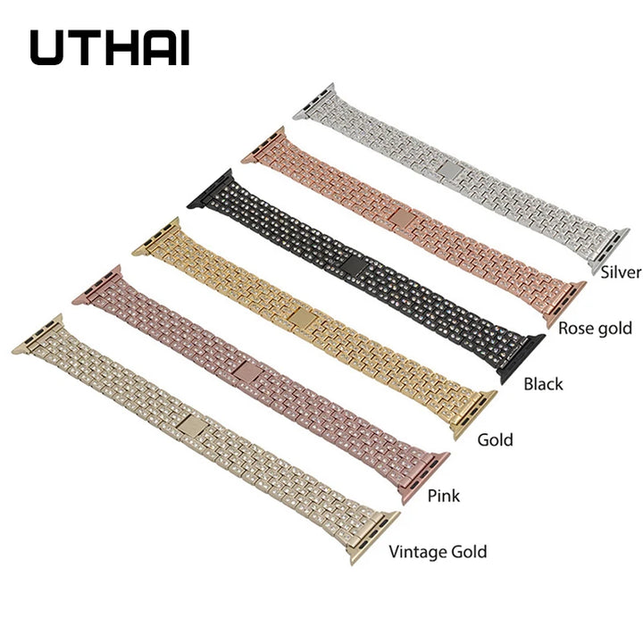 Stainless Steel Diamond Smart Watch Band - UTHAI P70 Series 7 for Apple Watch