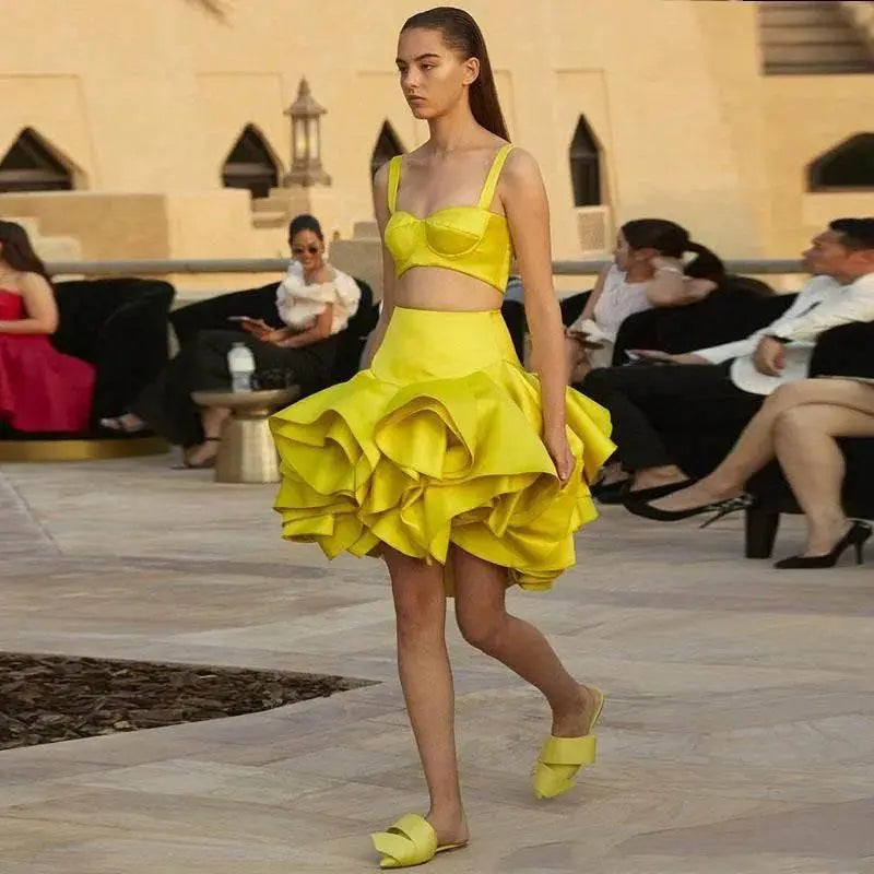 Yellow Casual Prom Skirts Tiered Short Women's Skirts Custom Made Sexy Custom Made Fashion Mini Cocktail Skirts - ACHETE LTD