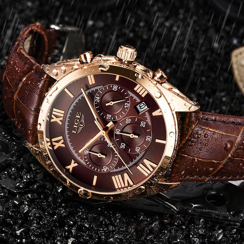 2023 LIGE Men's Luxury Waterproof Date Watch - Brown Leather Sports Wristwatch