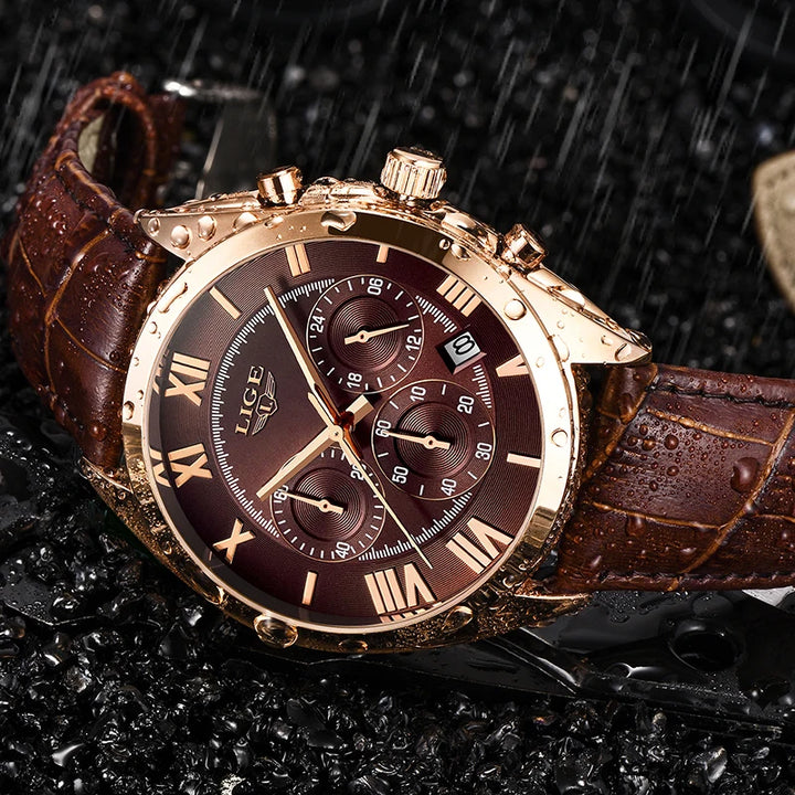 2023 LIGE Men's Luxury Waterproof Date Watch - Brown Leather Sports Wristwatch