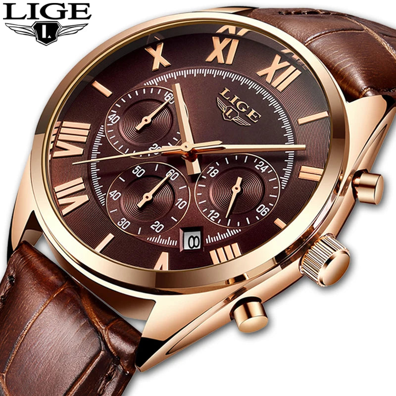 2023 LIGE Men's Luxury Waterproof Date Watch - Brown Leather Sports Wristwatch