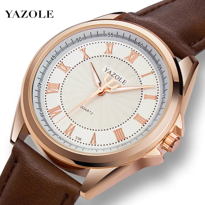 YAZOLE Luxury Men's Watch - Vintage Design, Leather Strap, Rose Gold, Waterproof