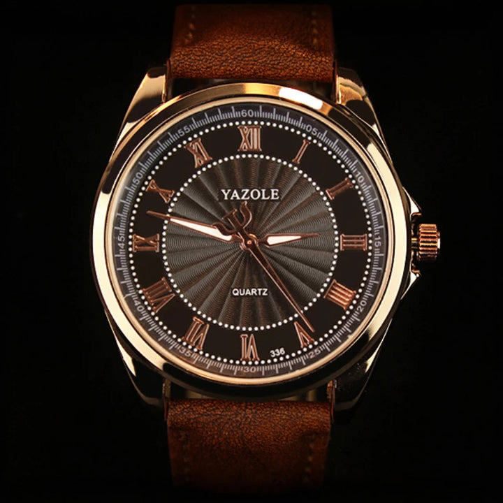 YAZOLE Luxury Men's Watch - Vintage Design, Leather Strap, Rose Gold, Waterproof