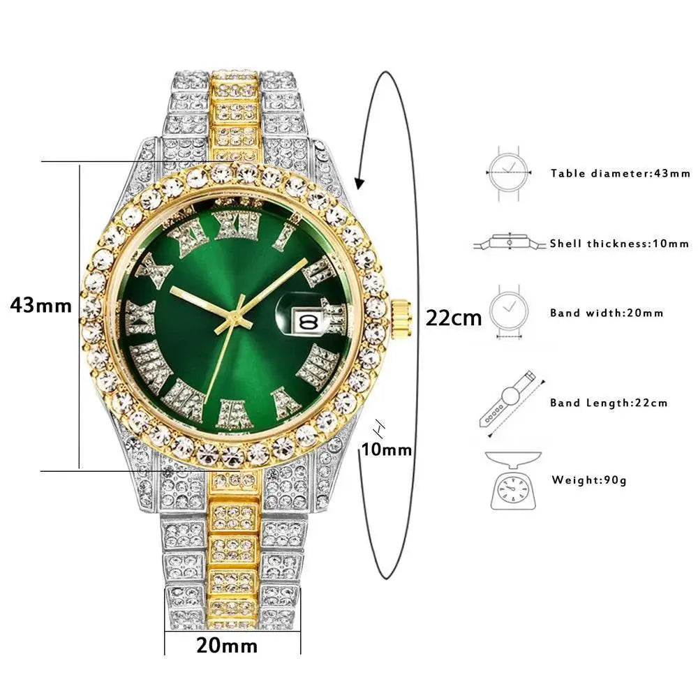 Full Iced Out Watch for Men Bling Miami Cuban Chain Bracelet with Watch Men Hip Hop Watch Luxury Gold Watch Women Reloj Hombre - ACHETE LTD