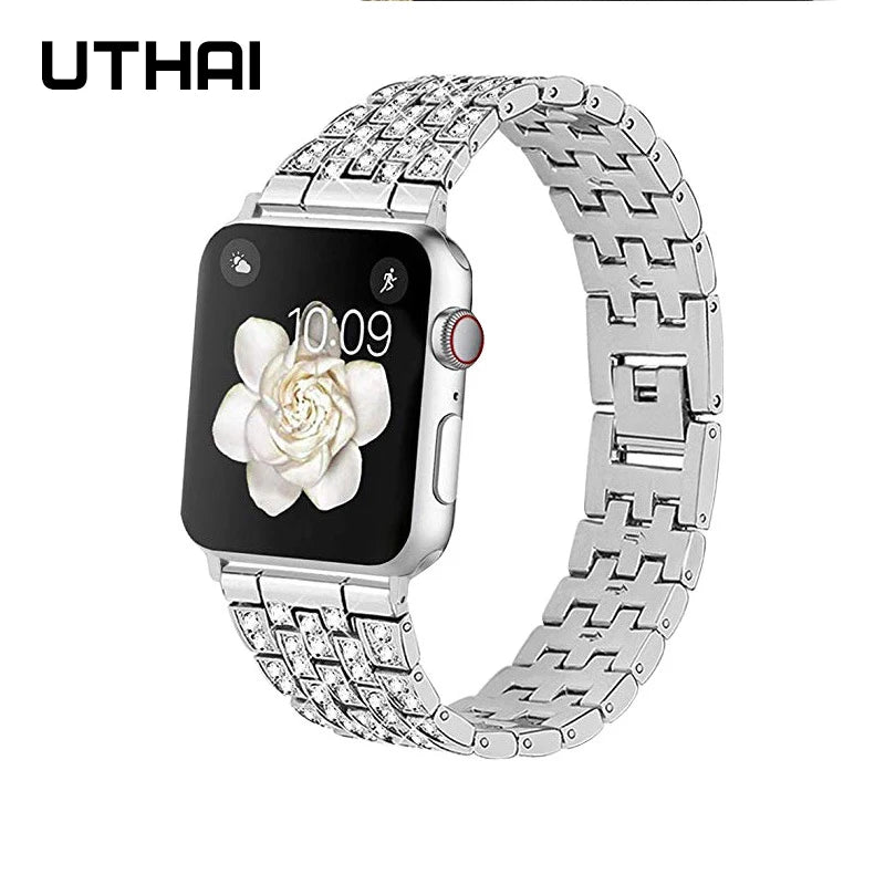 Stainless Steel Diamond Smart Watch Band - UTHAI P70 Series 7 for Apple Watch