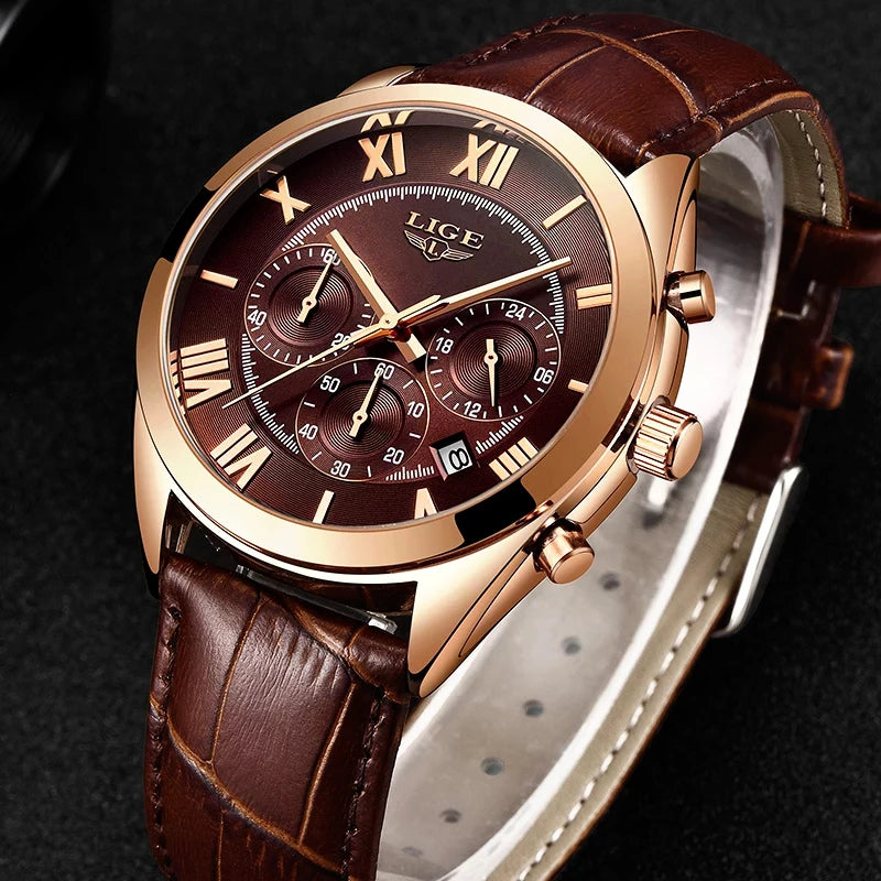 2023 LIGE Men's Luxury Waterproof Date Watch - Brown Leather Sports Wristwatch