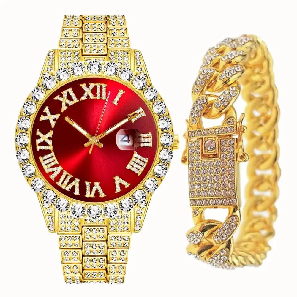 Full Iced Out Watch for Men Bling Miami Cuban Chain Bracelet with Watch Men Hip Hop Watch Luxury Gold Watch Women Reloj Hombre - ACHETE LTD