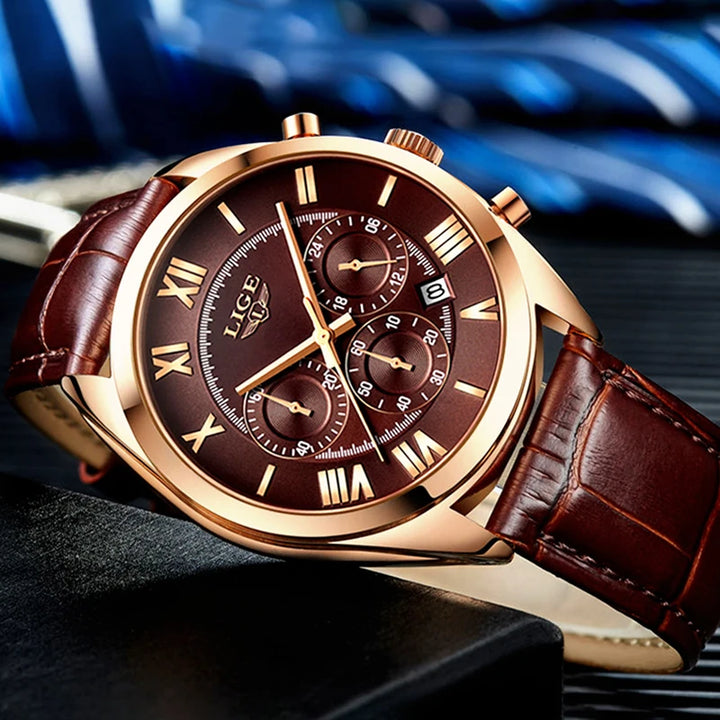 2023 LIGE Men's Luxury Waterproof Date Watch - Brown Leather Sports Wristwatch