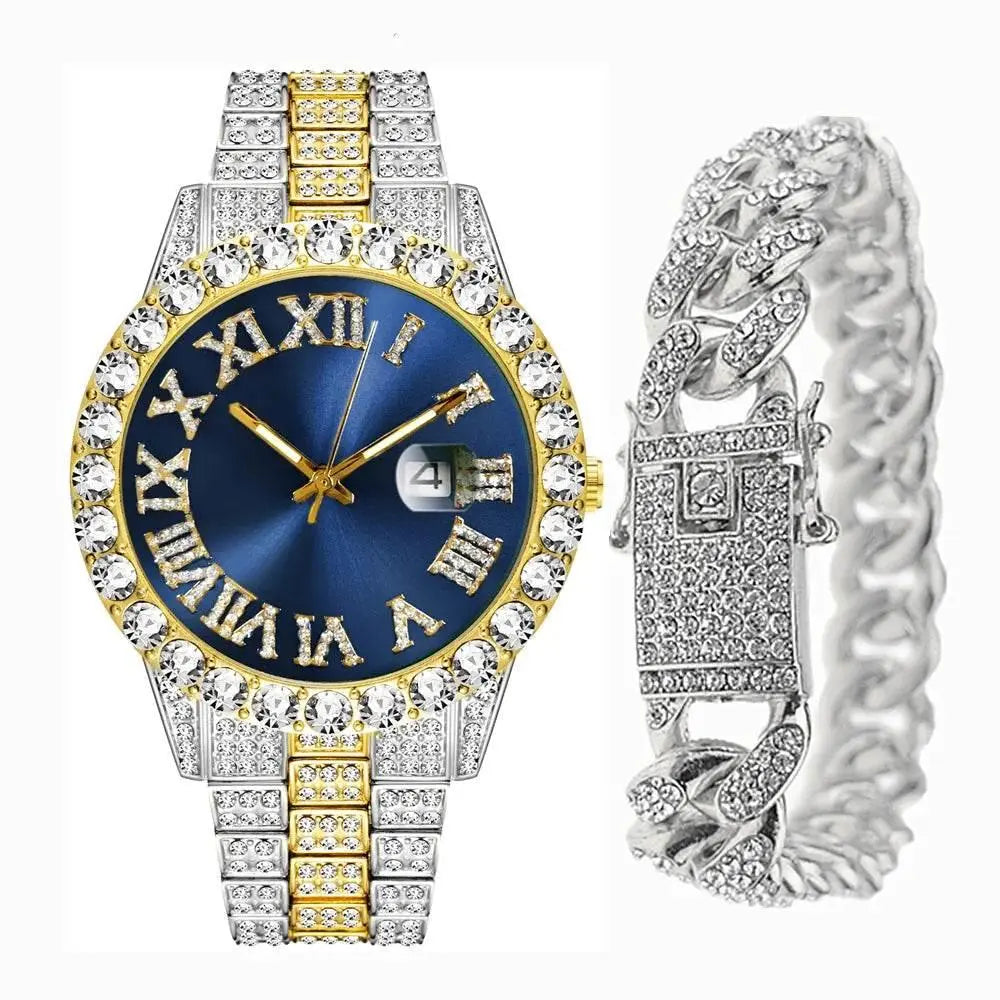 Full Iced Out Watch for Men Bling Miami Cuban Chain Bracelet with Watch Men Hip Hop Watch Luxury Gold Watch Women Reloj Hombre - ACHETE LTD