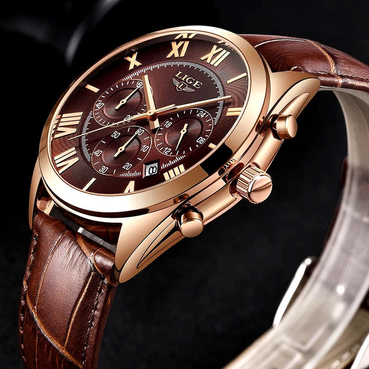 2023 LIGE Men's Luxury Waterproof Date Watch - Brown Leather Sports Wristwatch