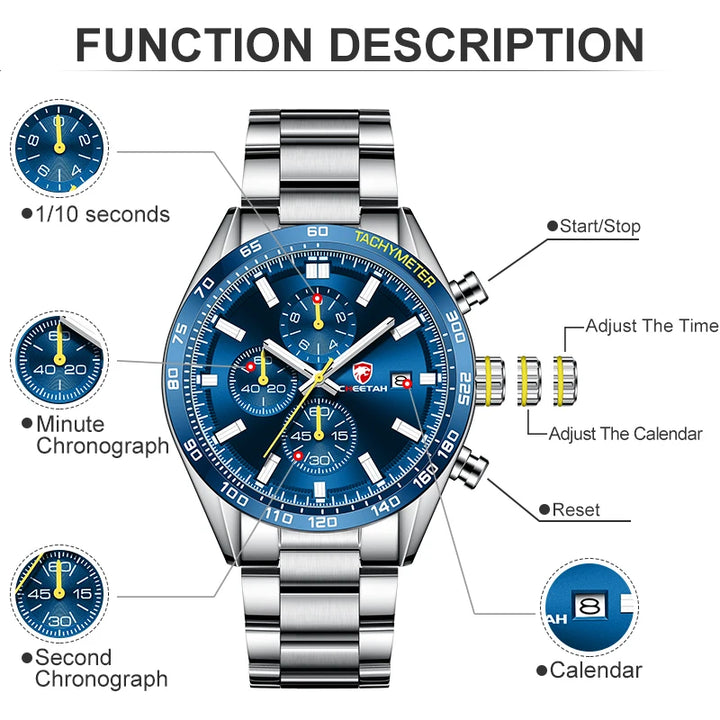 CHEETAH Watch Men Top Luxury Brand Stainless Steel Business Quartz Mens Watches Chronograph Casual Sport Wrist Watches for Men