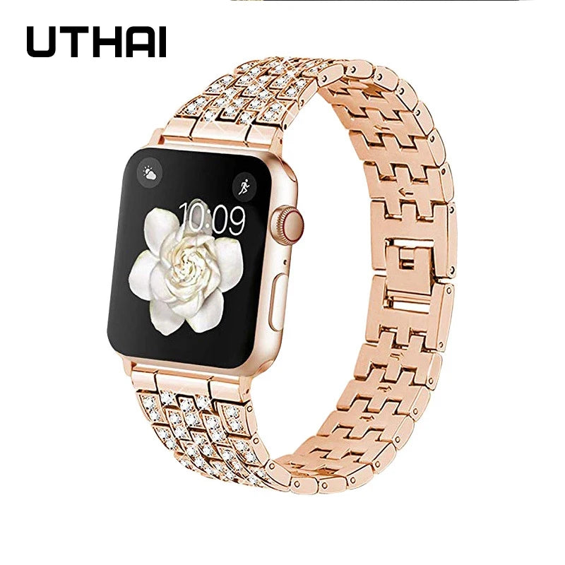 Stainless Steel Diamond Smart Watch Band - UTHAI P70 Series 7 for Apple Watch