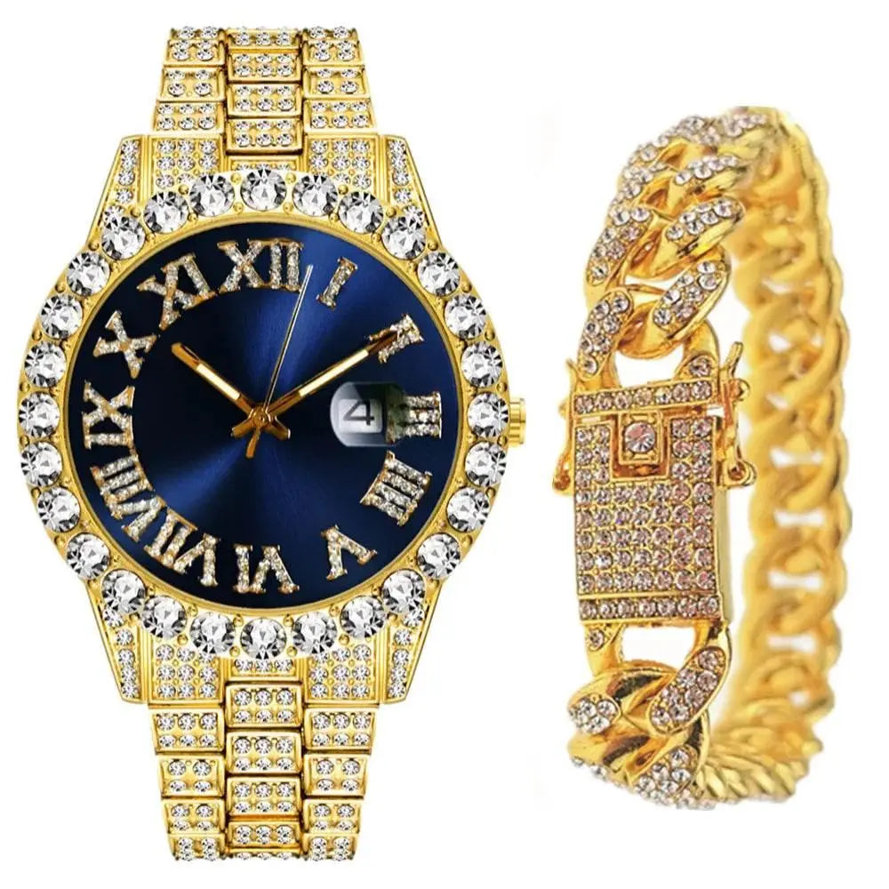 Full Iced Out Watch for Men Bling Miami Cuban Chain Bracelet with Watch Men Hip Hop Watch Luxury Gold Watch Women Reloj Hombre - ACHETE LTD