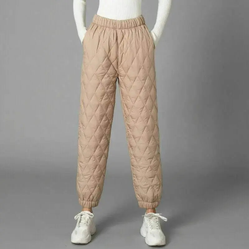 Women Winter Warm Down Cotton Pants Padded Quilted Trousers Elastic Waist Casual Trousers - ACHETE LTD