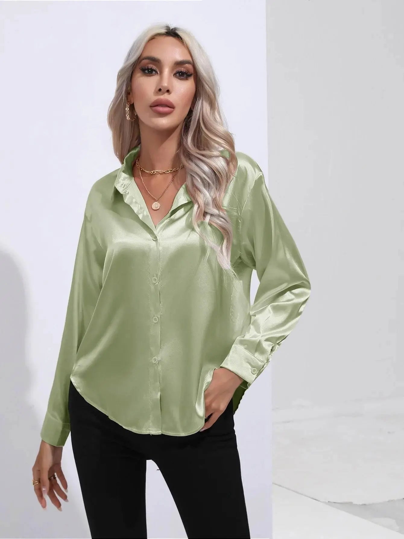 Spring Satin Shirt Women Loose Button Up Blouse Shirt Ladies Imitation Silk Long Sleeve Shirt For Women - ACHETE LTD