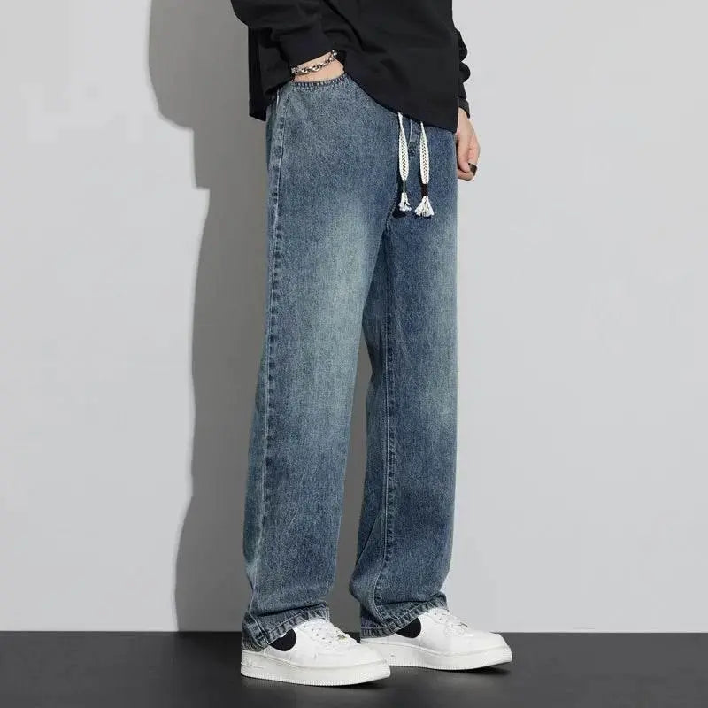 Men's regular fit straight leg jeans casual drawstring elastic waist denim pants lightweight carpenter Jean - ACHETE LTD