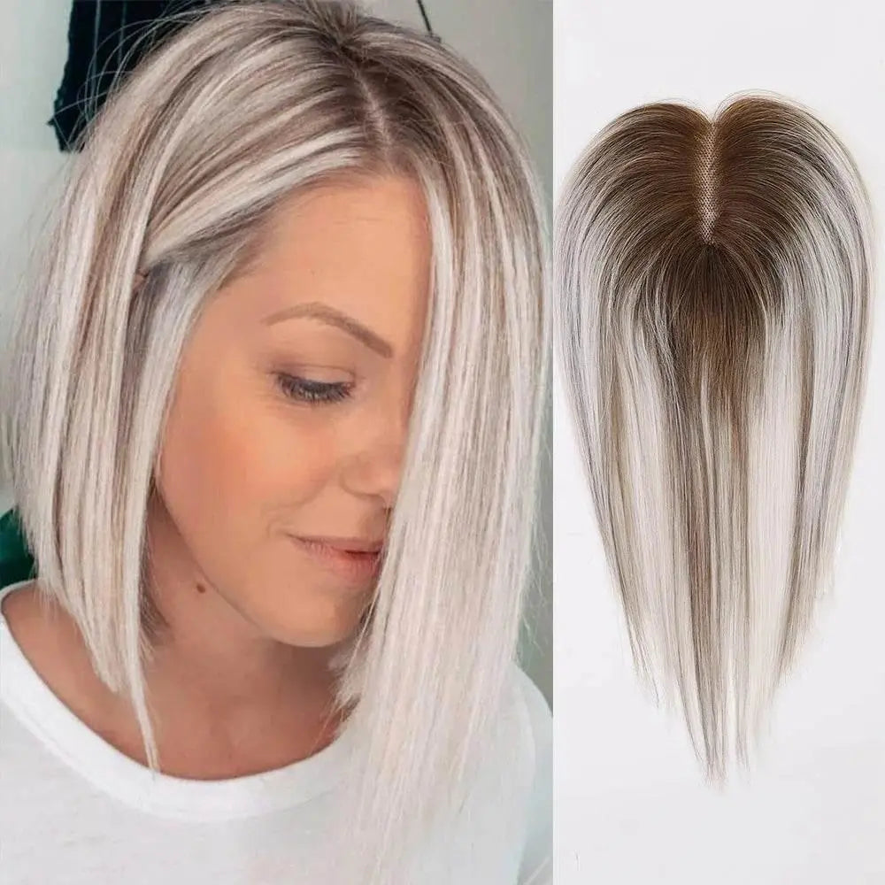 Remy Human Hair Toppers Lace Base Gray White Blonde Mixed Ombre Human Hair Toppers Hairpieces for Women 12inches Hair Extensions - ACHETE LTD