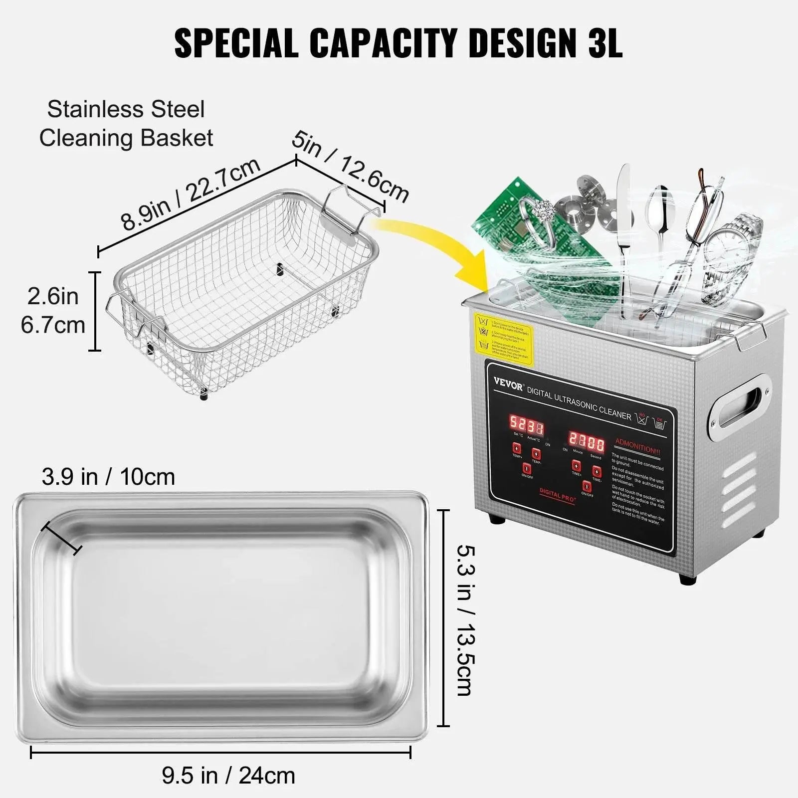 VEVOR Ultrasonic Cleaner w/ Digital Timer & Heater,Professional Ultra Sonic Jewelry Cleaner,Stainless Steel Heated Clean Machine - ACHETE LTD