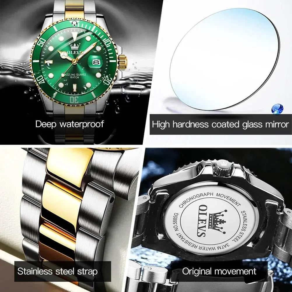 OLEVS Men Watch Diver Green Waterproof Watch for Men Stainless Steel Quartz Men Luxury Watch Luminous - ACHETE LTD