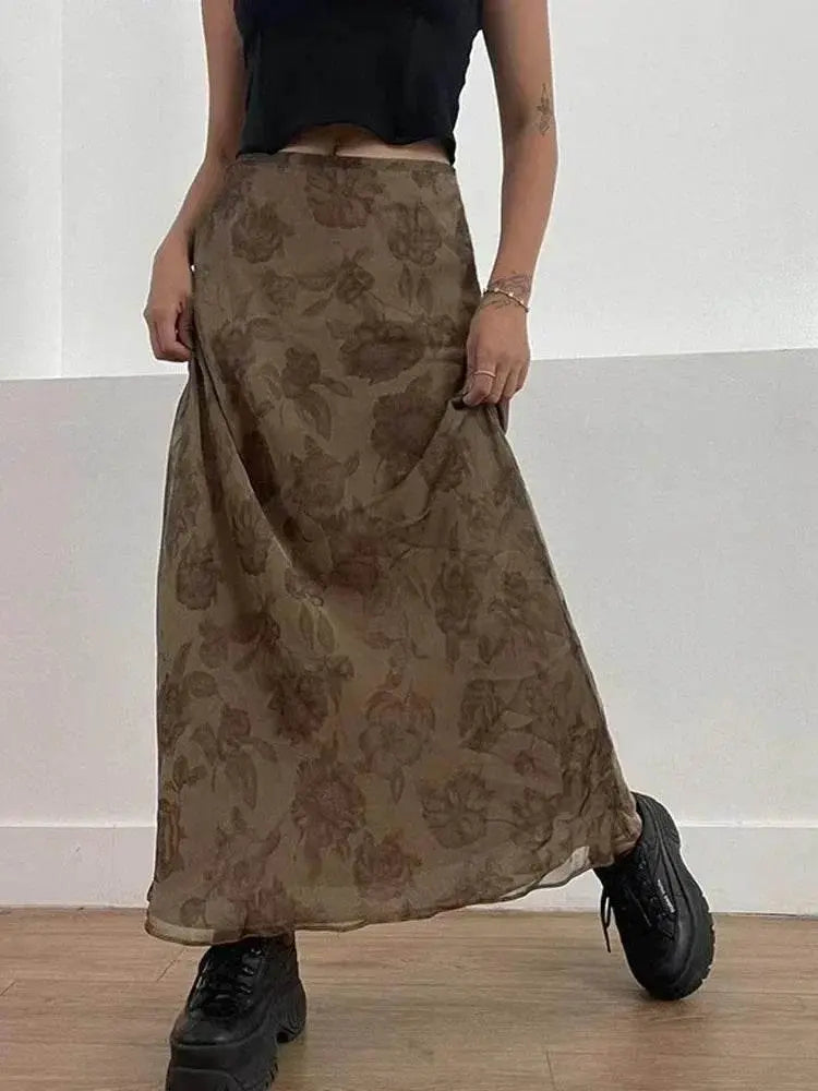 Y2K Floral Midi Skirts Vintage Fairycore Grunge Pleated Skirts Women Holiday Bohemian Long Skirts Harajuku Korean Chic - ACHETE LTD