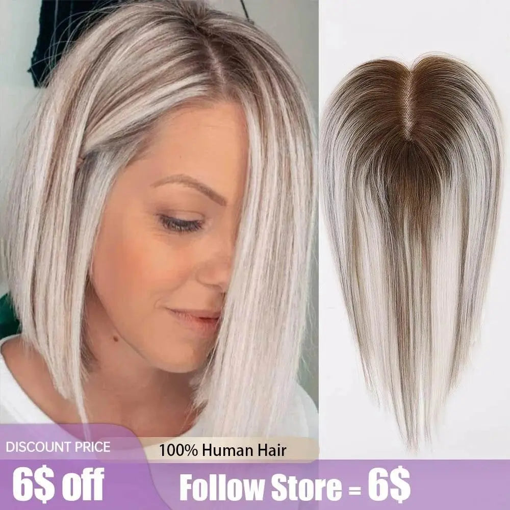 Remy Human Hair Toppers Lace Base Gray White Blonde Mixed Ombre Human Hair Toppers Hairpieces for Women 12inches Hair Extensions - ACHETE LTD