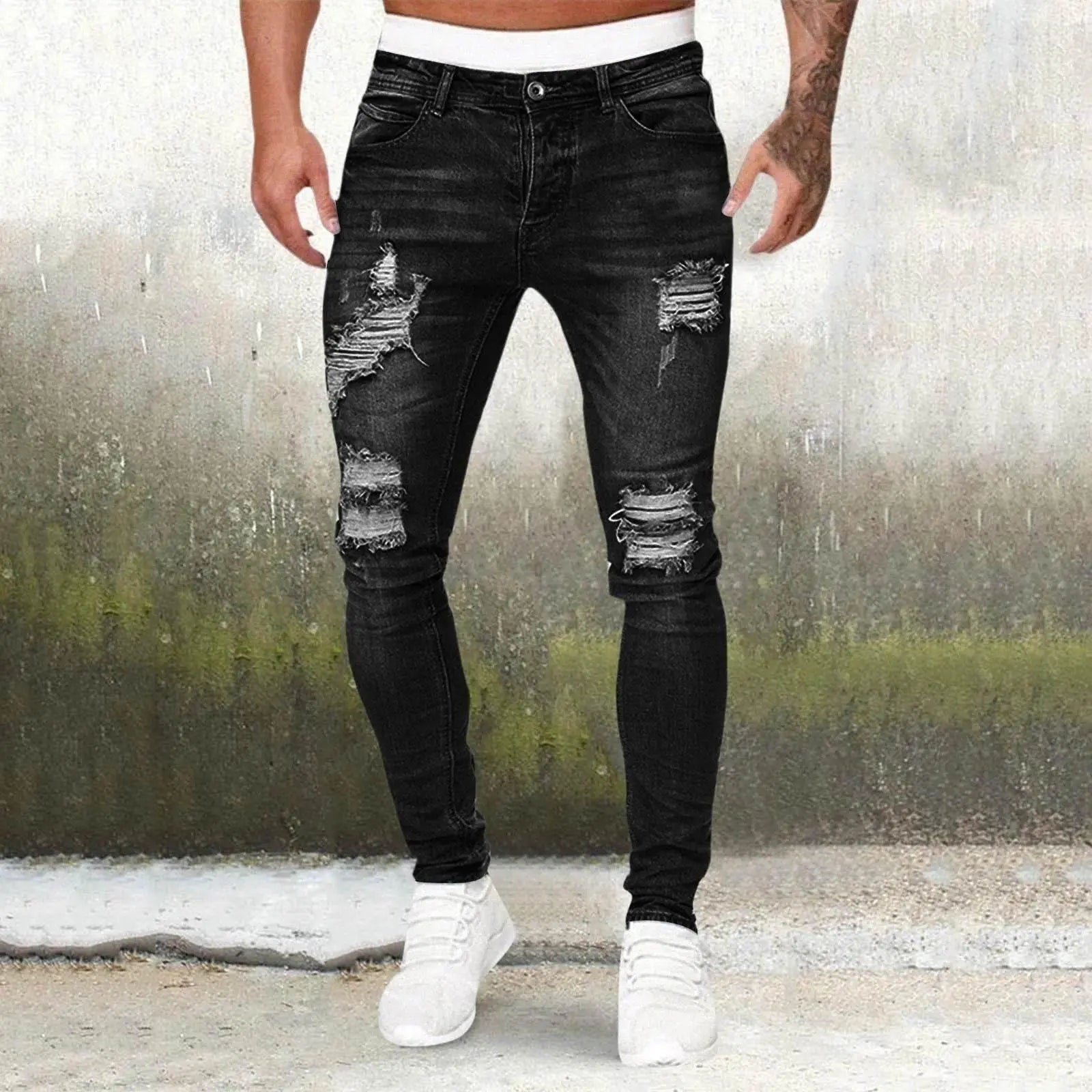 Men'S Casual Hip Hop Sports High Stretch Tight Wash Polished White Ripped Fit Zipper Jean Pants Business Stretch Men'S Jeans - ACHETE LTD