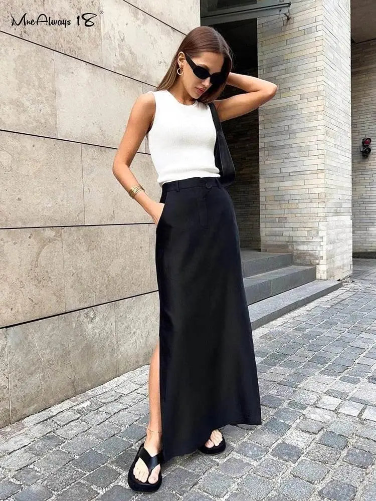 Mnealways18 Black Loose Long Skirts Women A-Line Zip Skirts Ladies Elegant Summer Skirts Female With Pocket Ankle-Length Skirts - ACHETE LTD