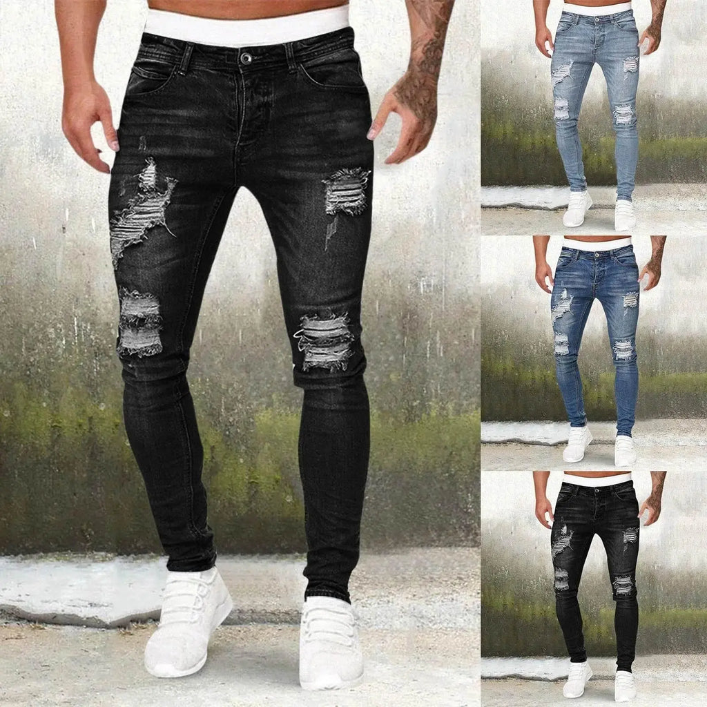 Men'S Casual Hip Hop Sports High Stretch Tight Wash Polished White Ripped Fit Zipper Jean Pants Business Stretch Men'S Jeans - ACHETE LTD