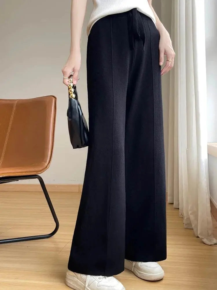 Wide Leg Pants For Women Fashion Leisure Loose High Waist Elastic Solid Color Knitting Trousers Autumn/Winter 2024 New Trousers - ACHETE LTD